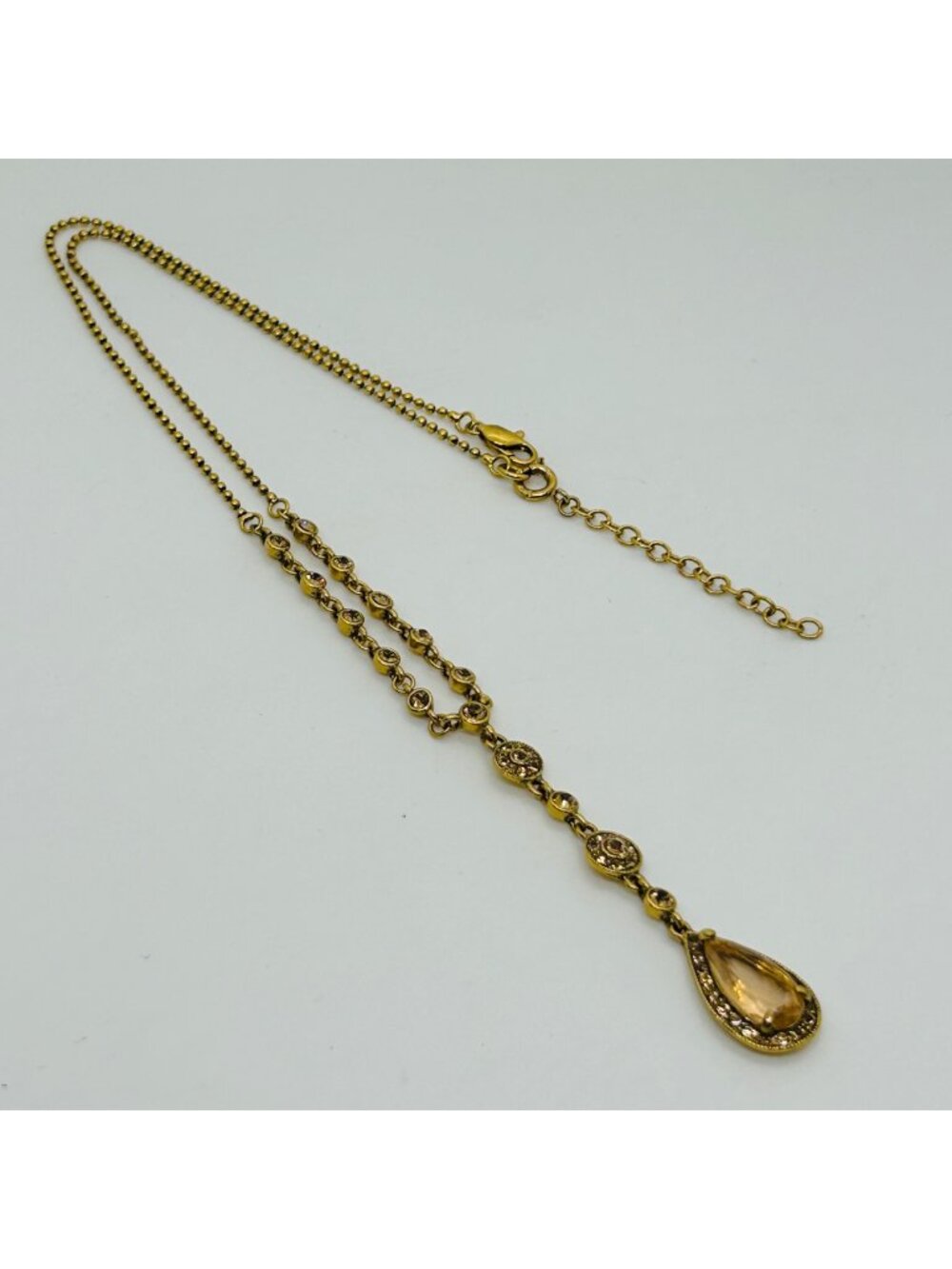 Vintage Monet Pendant Necklace Gold Tone Topaz Color Gemstone Y Shape Bezel